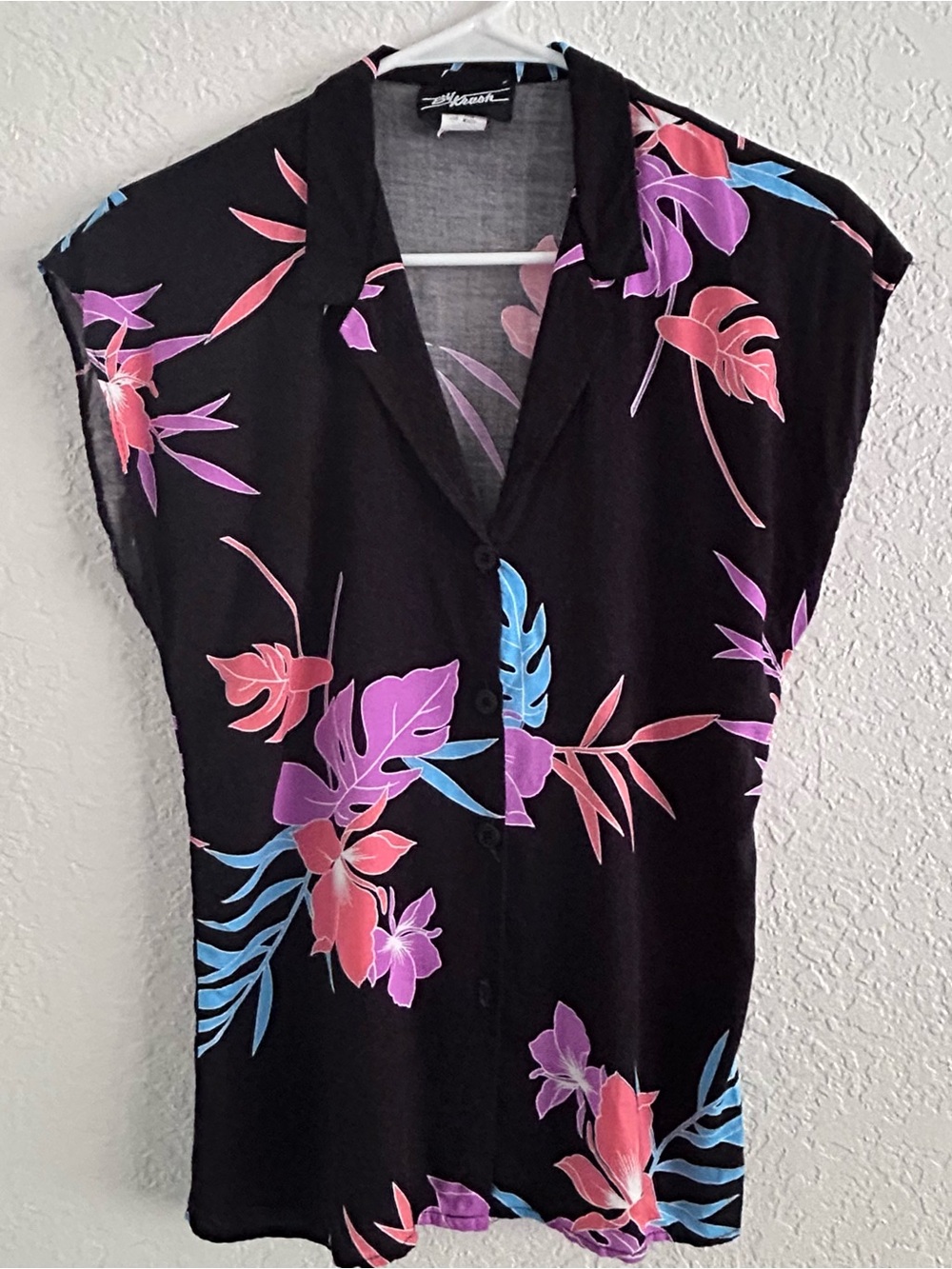 Krush Black Button-Down Top with Pink, Purple & Blue Floral Motif